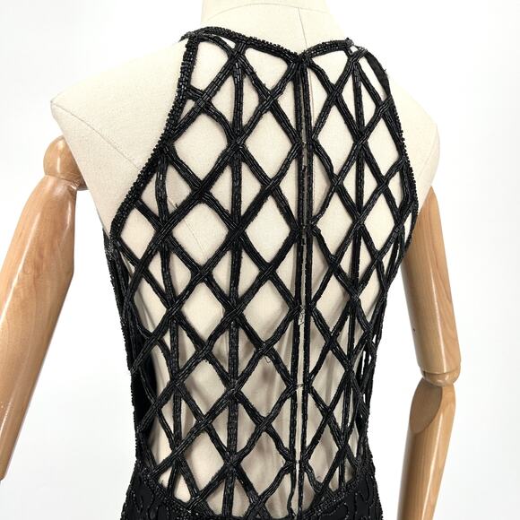 Vintage Y2K Scala Black Beaded Open Back Lattice Evening Gown - Picture 2 of 11